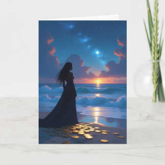 Zwarte vrouw die zonsondergang op het strand bekij kaart