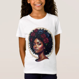 Zwarte vrouw donker bloemmotief afro t-shirt