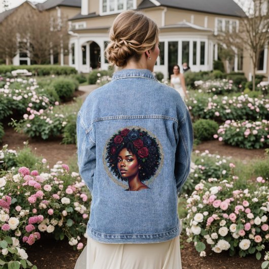 Zwarte vrouw donkere bloem afro denim jacket (Huwelijk Achterkant)
