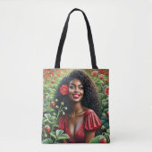 Zwarte vrouw draagt rood in aardbeienveld tote bag (Voorkant)