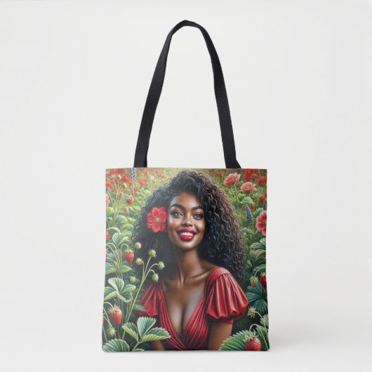 Zwarte vrouw draagt rood in aardbeienveld tote bag (Voorkant)