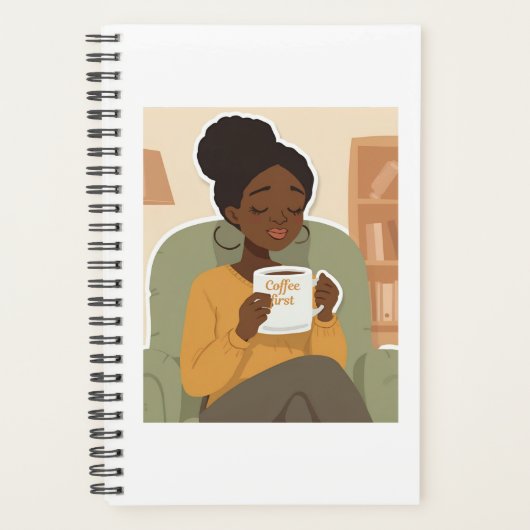 Zwarte vrouw drinkt koffie planner (Voorkant)
