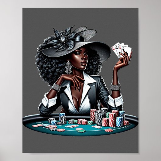 Zwarte vrouw Gambling Casino Kaarten Poker Chips A Poster (Voorkant)