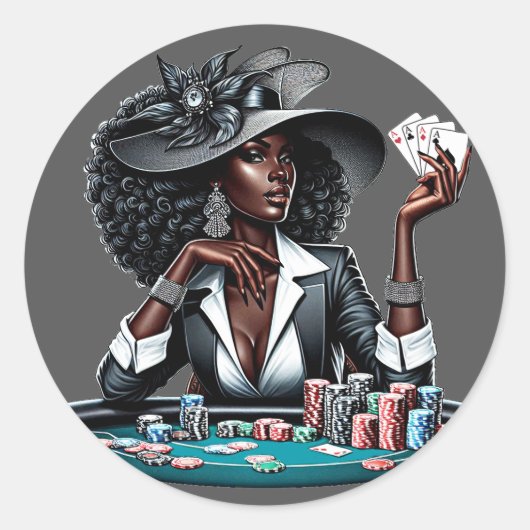Zwarte vrouw Gambling Casino Kaarten Poker Chips A Ronde Sticker (Voorkant)