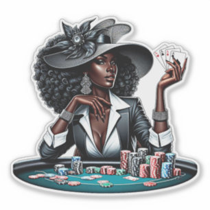 Zwarte vrouw Gambling Casino Kaarten Poker Chips A Sticker