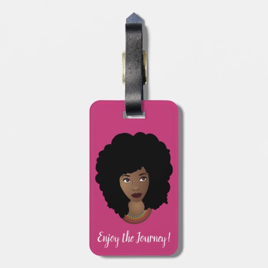 Zwarte vrouw, geniet van de reis, roze en wit bagagelabel (Achterkant verticaal)