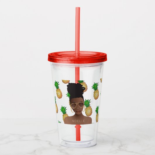 Zwarte vrouw, gouden tinten, ananas patroon acryl drinkbeker (Voorkant)