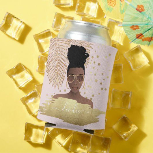 Zwarte vrouw, gouden tinten & palmbladeren, roze blikjeskoeler (Insitu Zomer)