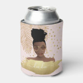 Zwarte vrouw, gouden tinten & palmbladeren, roze blikjeskoeler (Blikje Voorkant)