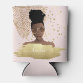 Zwarte vrouw, gouden tinten & palmbladeren, roze blikjeskoeler (Voorkant)