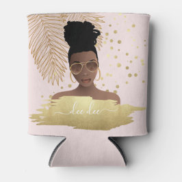 Zwarte vrouw, gouden tinten & palmbladeren, roze blikjeskoeler