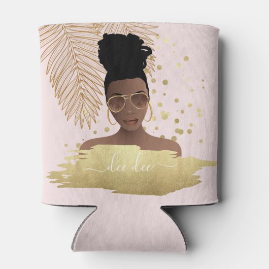 Zwarte vrouw, gouden tinten & palmbladeren, roze blikjeskoeler (Achterkant)