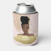 Zwarte vrouw, gouden tinten & palmbladeren, roze blikjeskoeler (Blikje Achterkant)