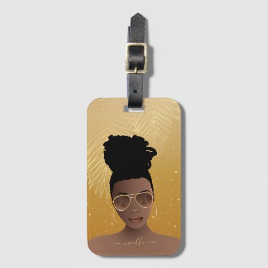 Zwarte Vrouw, goudhades en palmbladeren Geel goud Bagagelabel (Voorkant (verticaal))