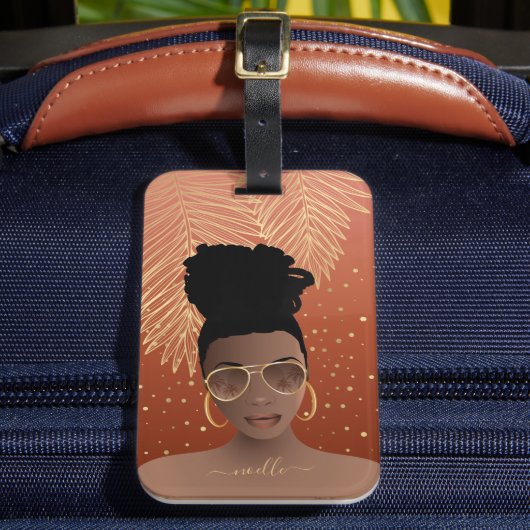 Zwarte Vrouw, goudhades en palmbladeren, koper Bagagelabel (Voorkant Insitu 2)