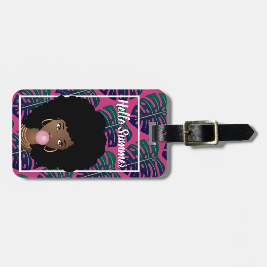 Zwarte vrouw, Hallo zomer, groene bladeren, warm r Bagagelabel (Voorkant horizontaal)