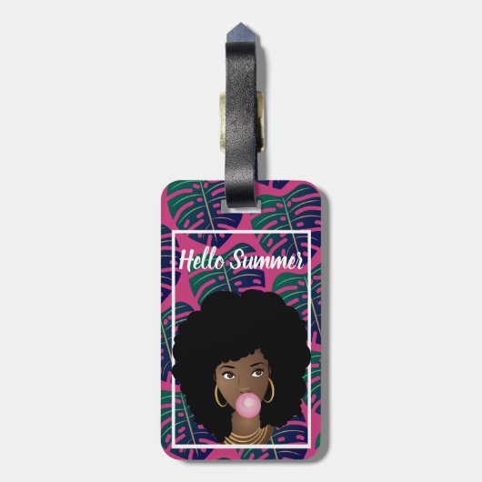Zwarte vrouw, Hallo zomer, groene bladeren, warm r Bagagelabel (Achterkant verticaal)