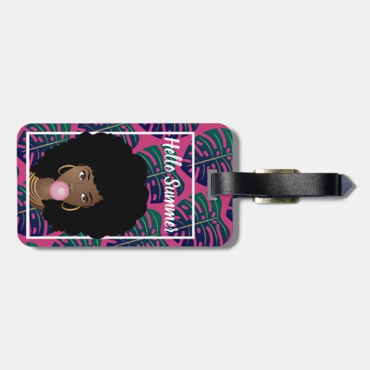 Zwarte vrouw, Hallo zomer, groene bladeren, warm r Bagagelabel (Achterkant horizontaal)