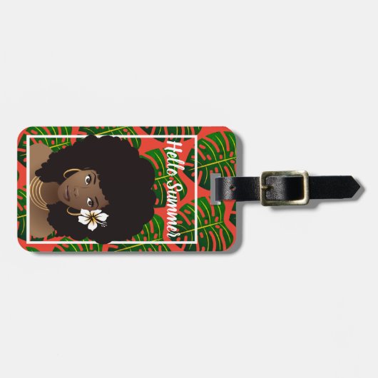 Zwarte vrouw, Hallo zomer, tropische bladeren, roo Bagagelabel (Voorkant horizontaal)