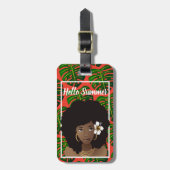 Zwarte vrouw, Hallo zomer, tropische bladeren, roo Bagagelabel (Voorkant verticaal)