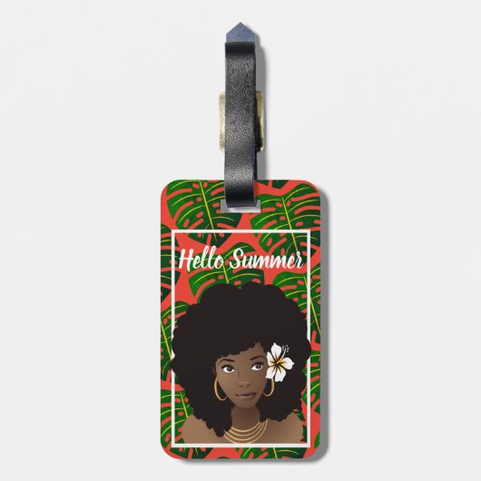 Zwarte vrouw, Hallo zomer, tropische bladeren, roo Bagagelabel (Achterkant verticaal)