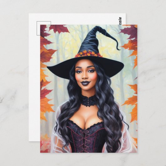 Zwarte Vrouw Heks Herfst bladeren Briefkaart (Voorkant / Achterkant)