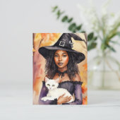 Zwarte Vrouw Heks Met Kat Herfst Waterverf Briefkaart (Staand voorkant)