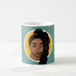 Zwarte vrouw, hoge bladerponytail, turkoois koffiemok