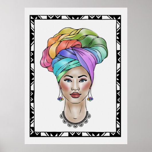 Zwarte vrouw in een kleurrijke tulband poster (Voorkant)
