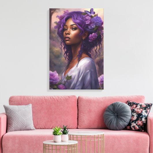 Zwarte vrouw in een Paarse bloementuin Canvas Afdruk (Insitu (Woonkamer))