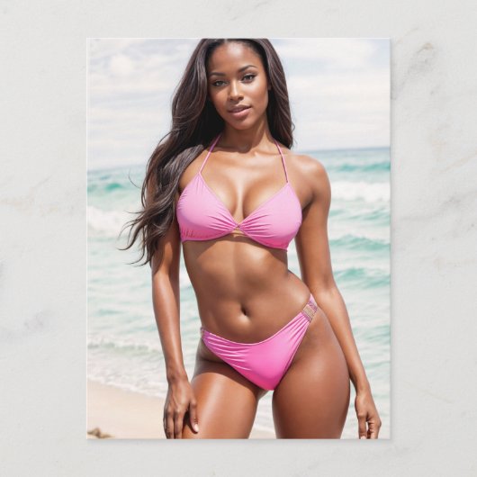 Zwarte vrouw in roze bikini briefkaart (Voorkant)
