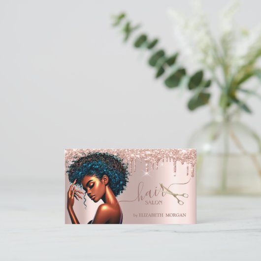 Zwarte Vrouw Kapsalon Roos Gouden Glitter Drips Visitekaartje (Staand voorkant)