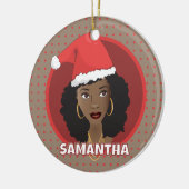 Zwarte Vrouw Kerstman Hoed, Rode Stippen, Bruin Keramisch Ornament (Links)
