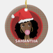 Zwarte Vrouw Kerstman Hoed, Rode Stippen, Bruin Keramisch Ornament (Achterkant)