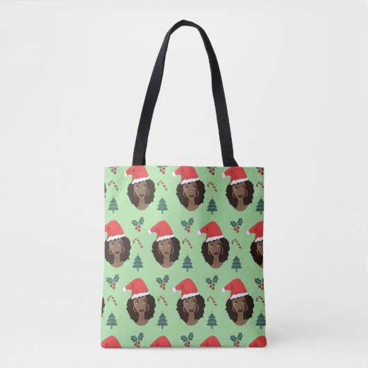 Zwarte Vrouw, Kerstmanhoed, Kerstmispatroon Groen Tote Bag (Voorkant)