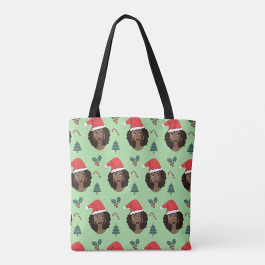 Zwarte Vrouw, Kerstmanhoed, Kerstmispatroon Groen Tote Bag (Achterkant)
