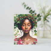 Zwarte Vrouw Kerstmis Holly Poinsettia Kunst Feestdagenkaart (Staand voorkant)