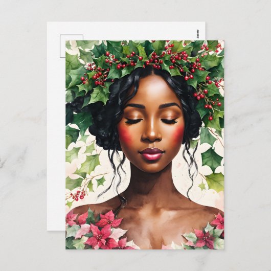 Zwarte Vrouw Kerstmis Holly Poinsettia Kunst Feestdagenkaart (Voorkant / Achterkant)