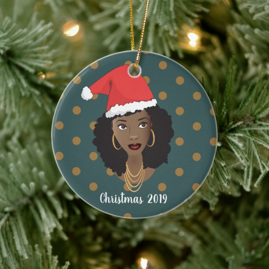 Zwarte Vrouw, Kerstmis Kerstman Hoed, Polka Dot Bl Keramisch Ornament (Boom)