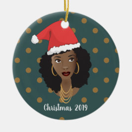 Zwarte Vrouw, Kerstmis Kerstman Hoed, Polka Dot Bl Keramisch Ornament