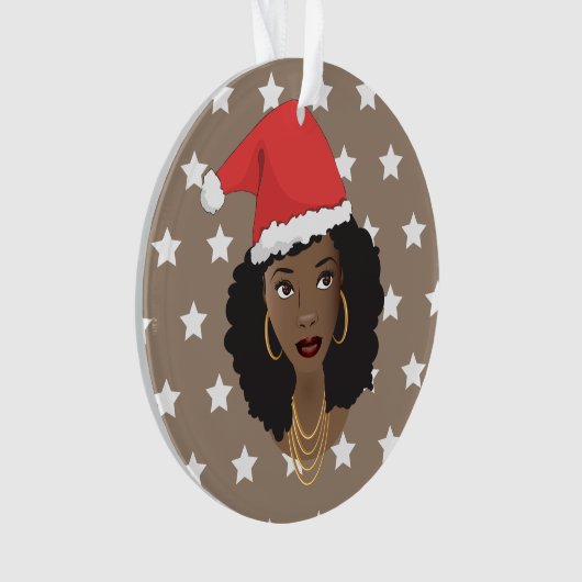 Zwarte Vrouw Kerstmis Kerstman Hoed, Witte Sterren Ornament (voorkant)