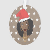 Zwarte Vrouw Kerstmis Kerstman Hoed, Witte Sterren Ornament (voorkant)