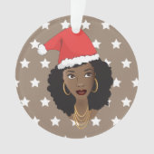 Zwarte Vrouw Kerstmis Kerstman Hoed, Witte Sterren Ornament (voorkant)