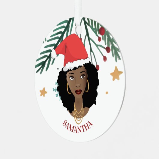 Zwarte Vrouw, Kerstmis Rode Kerstmishoed, Boom, St Metalen Ornament (Voorkant links)