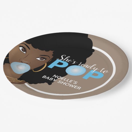 Zwarte Vrouw, klaar voor Pop, Bubblegum, blauw Papieren Bordje (Gekanteld)