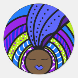 Zwarte vrouw, kleurrijke blauwe tulband ronde sticker