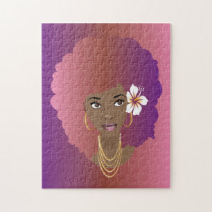 Zwarte Vrouw, Kleurrijke Roze & Paarse Afro, Bloem Legpuzzel