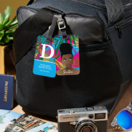 Zwarte vrouw, kleurrijke tropische bladeren, blauw bagagelabel