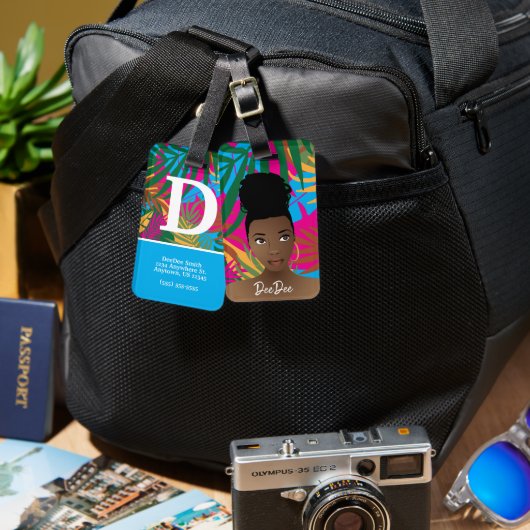 Zwarte vrouw, kleurrijke tropische bladeren, blauw bagagelabel (Voorkant /achterkant)