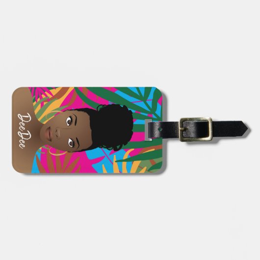 Zwarte vrouw, kleurrijke tropische bladeren, blauw bagagelabel (Voorkant horizontaal)